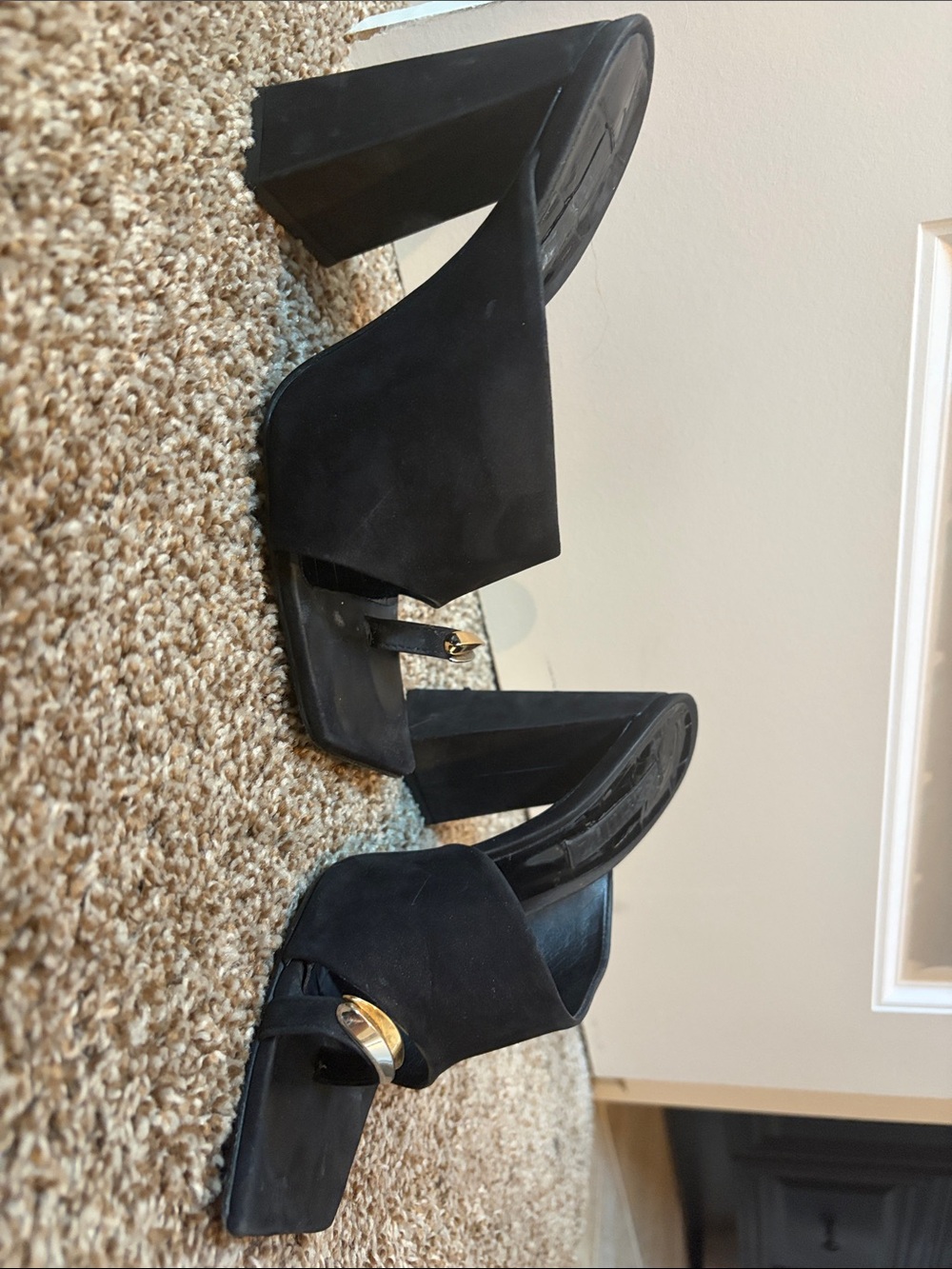 🖤SCHUTZ Black Suede Block Heel Mules with Gold Accent🖤
